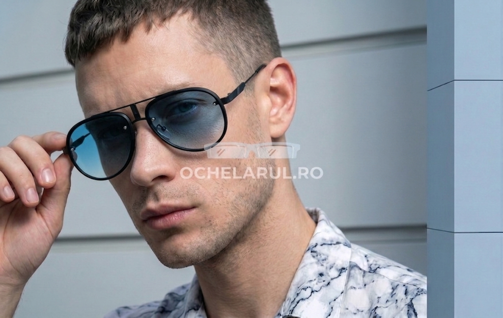 Ochelari de soare Aviator Carrera  Glory Style - Rama neagra - Lentile albastre degrade - Model purtand ochelarii pe fata