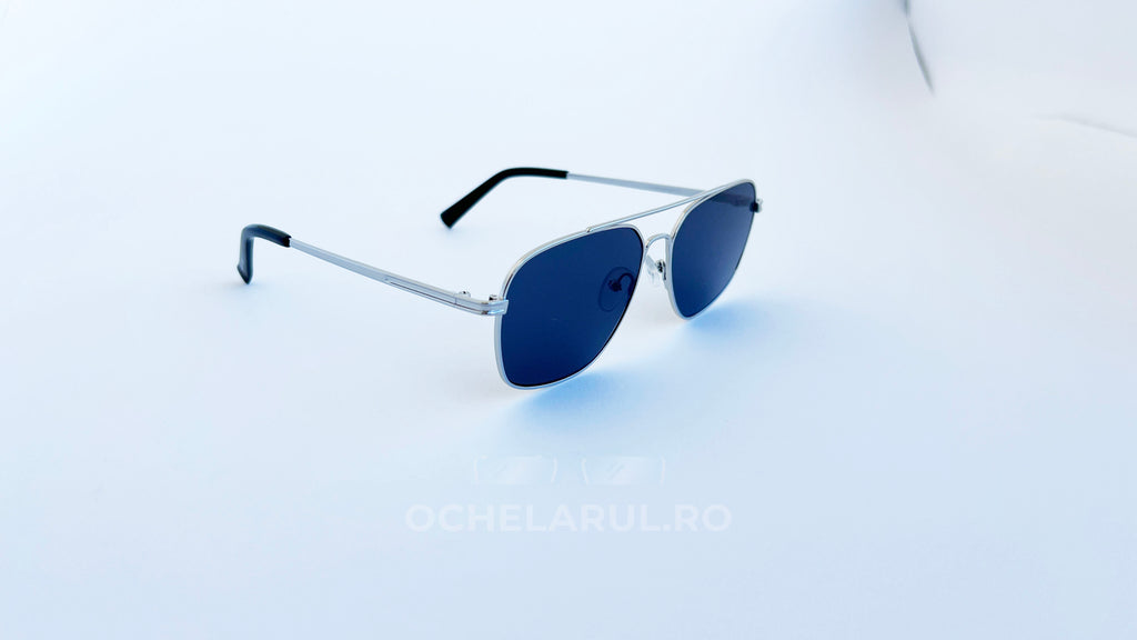Ochelari de soare Aviator cu punte dubla, rama argintie si lentile negre, prezentare produs