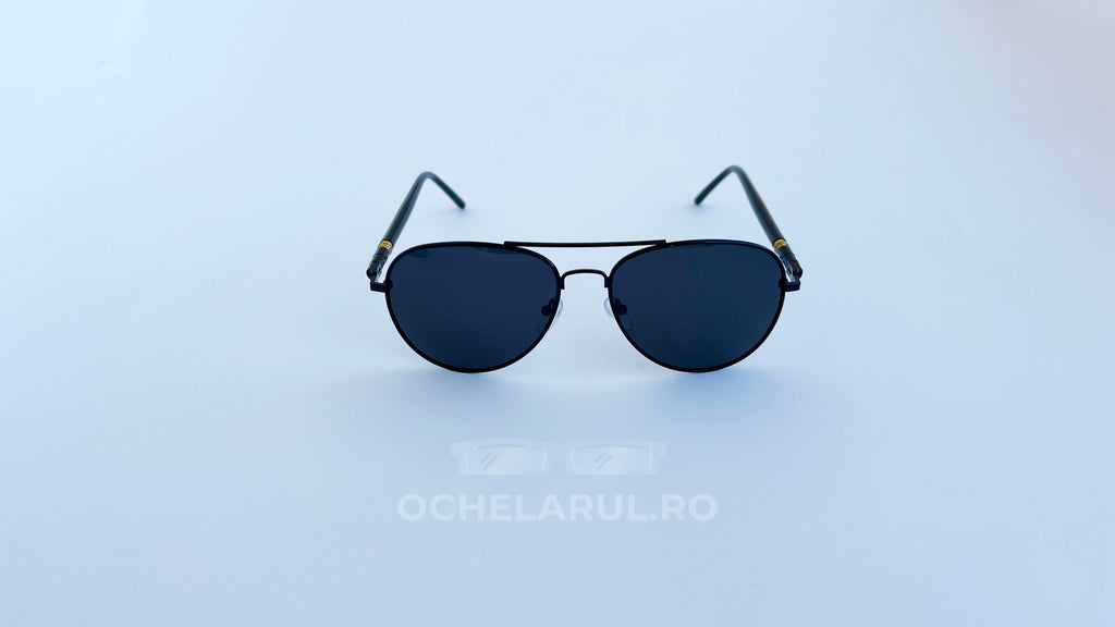 Ochelari de soare Aviator Polarizati, cu brate flexibile, rama neagra si lentile negre, vedere fata