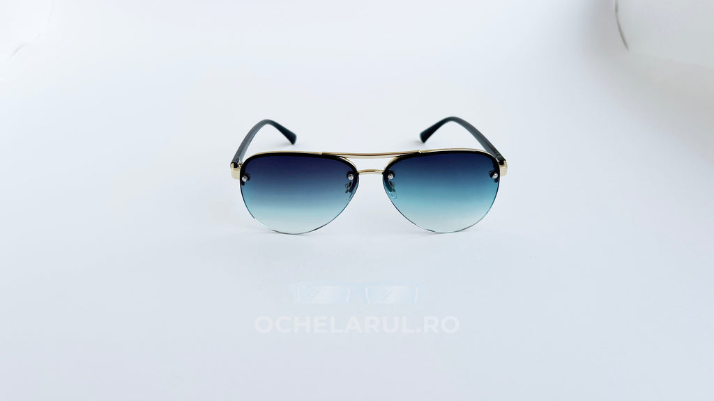 Ochelari de soare Aviator cu rame negre și aurii și lentile albastre degrade, design clasic pentru bărbați.