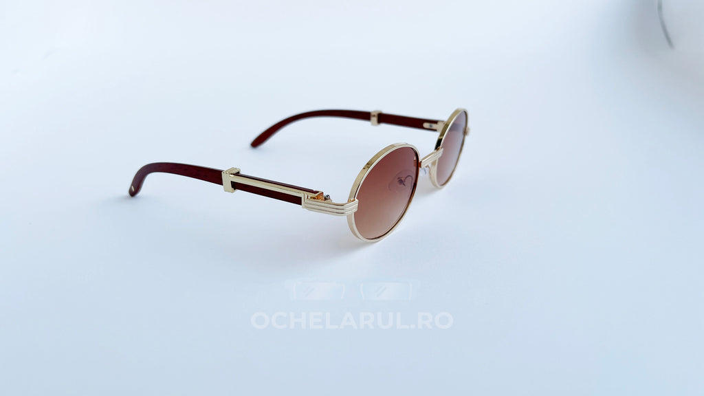 Ochelari de soare Cartier Giverny Style cu rame aurii și maro și lentile maro degrade, stil elegant.