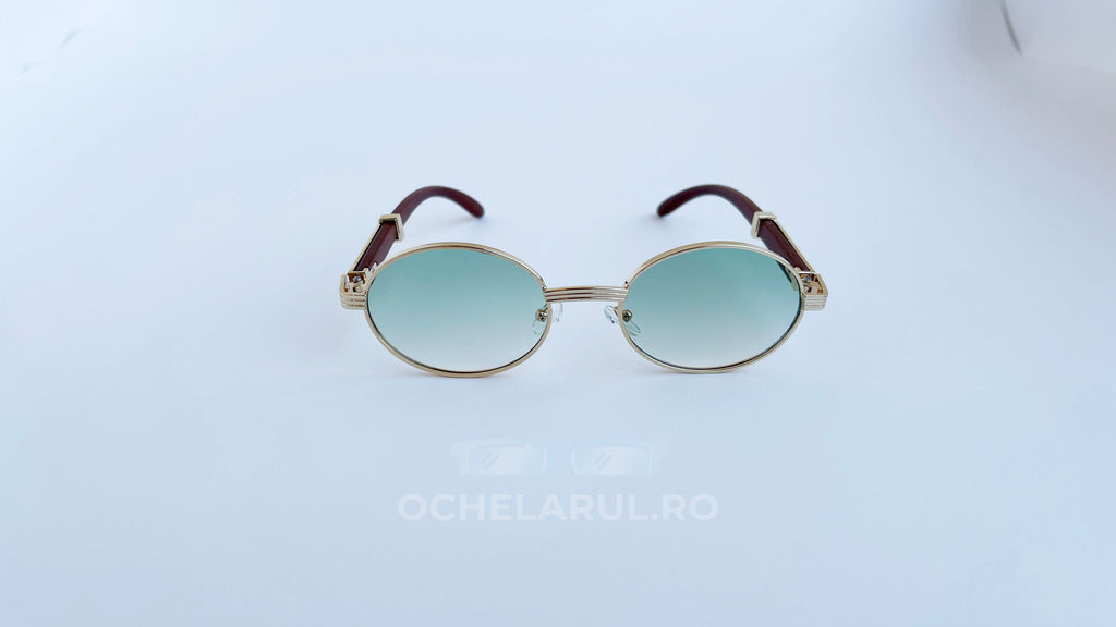 Ochelari de soare Cartier Giverny Style cu lentile verzi degrade și rame aurii și maro pentru bărbați.