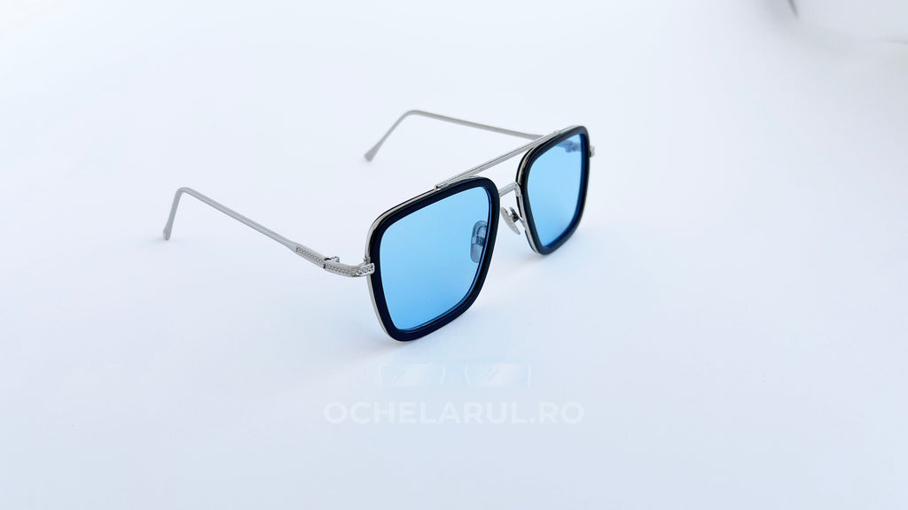 Ochelari de soare Dita Flight, rama argintie-neagra si lentile albastre degrade, prezentare