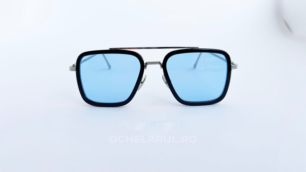 Ochelari de soare Dita Flight, rama argintie-neagra si lentile albastre degrade, vedere fata aproape