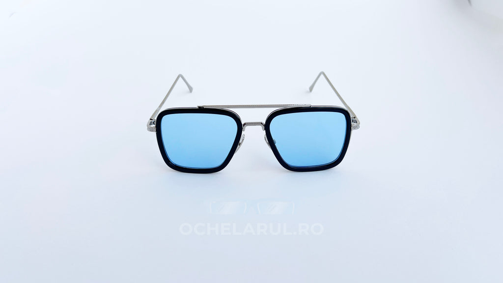 Ochelari de soare Dita Flight, rama argintie-neagra si lentile albastre degrade, vedere fata