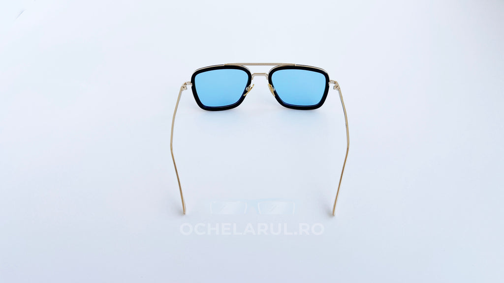 Ochelari Dita Flight Style cu rame aurii și lentile albastre, ochelari de soare bărbați eleganți și moderni.