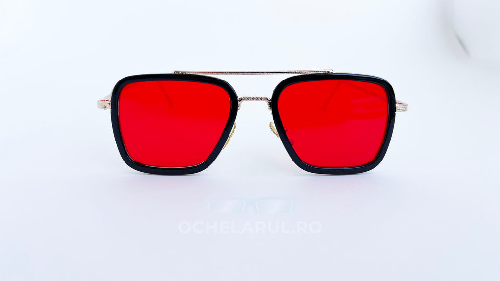 Ochelari de soare Dita Flight, rama aurie neagra si lentile rosii, vedere fata aproape