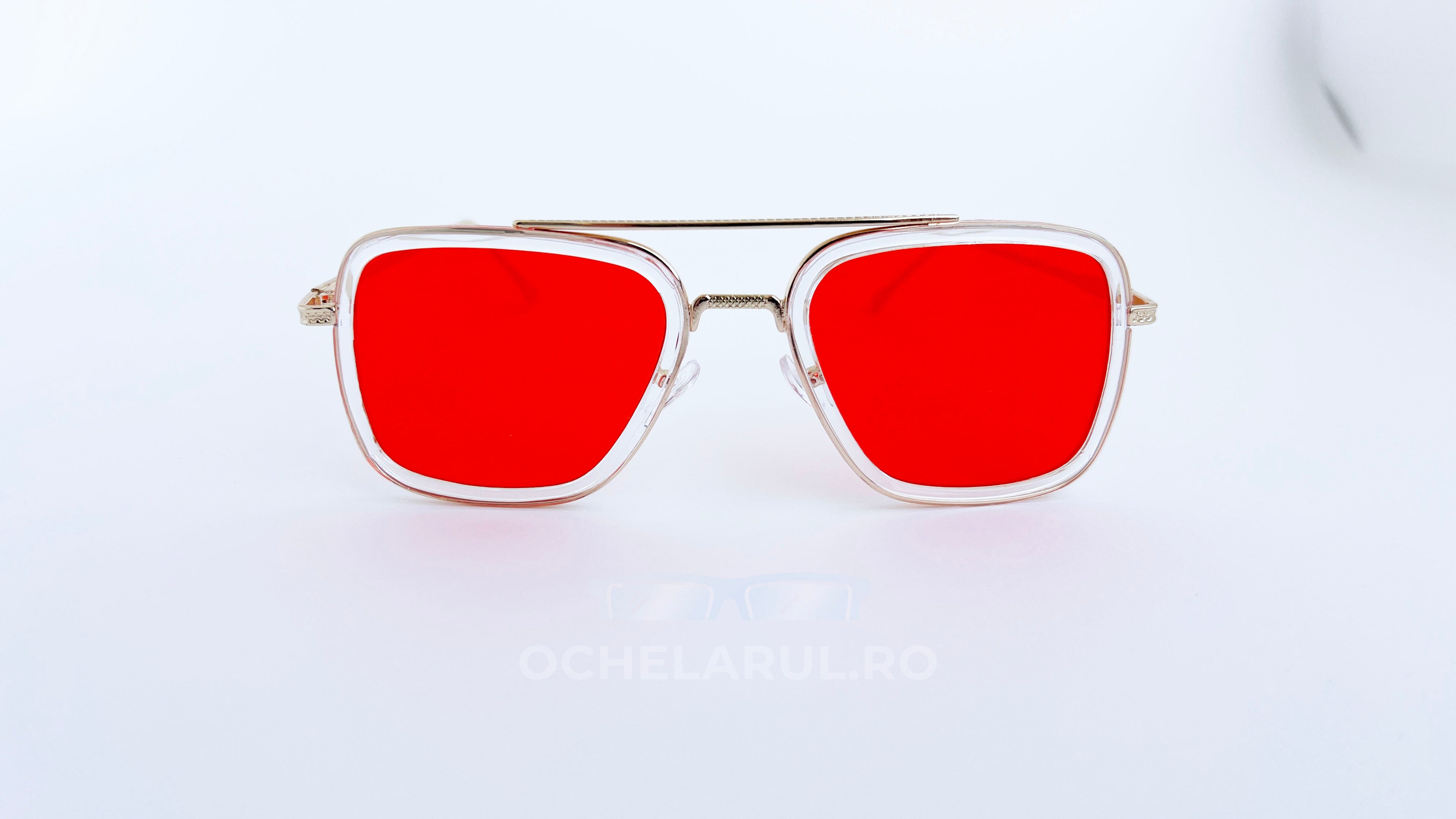 Ochelari de soare Dita Flight Style - Rama aurie transparenta Lentile rosii - vedere fata aproape