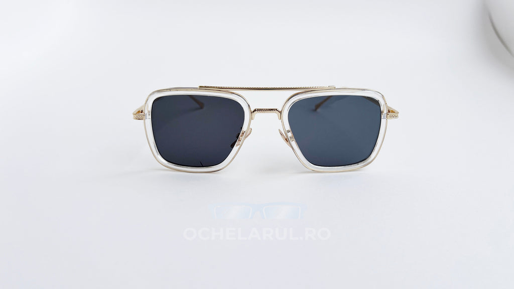Ochelari de soare Dita Flight Style - Rama aurie transparenta, Lentile negre - vedere fata aproape