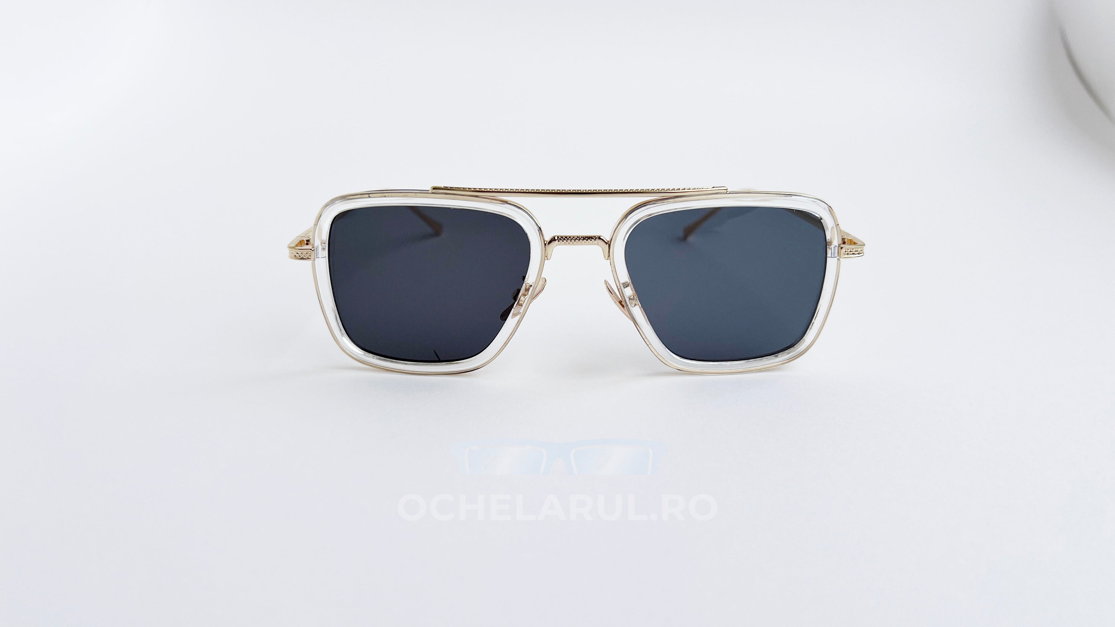 Ochelari de soare Dita Flight Style - Rama aurie transparenta, Lentile negre - vedere fata aproape