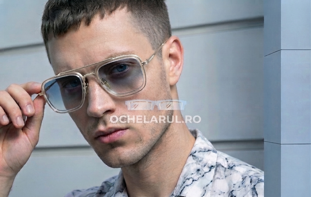 Ochelari de soare Dita Flight Style - Rama aurie-transparenta - Lentile gri degrade - Model purtand ochelarii pe fata - Ochelarul.ro