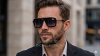 Bărbat purtând Ochelari de soare Dita LXN-EVO Style cu rame negre și lentile violet degrade, stil modern.