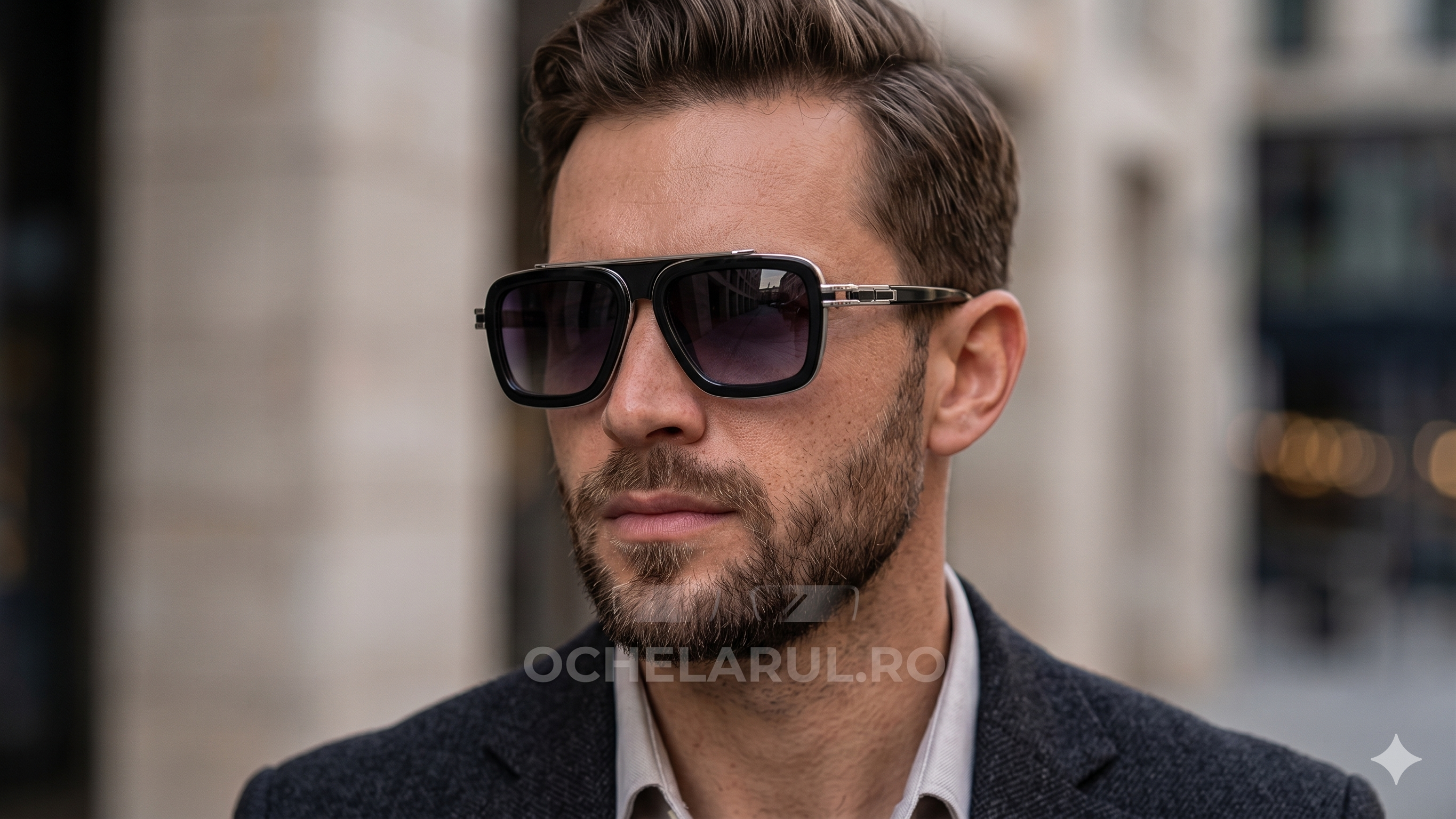 Bărbat purtând Ochelari de soare Dita LXN-EVO Style cu rame negre și lentile violet degrade, stil modern.