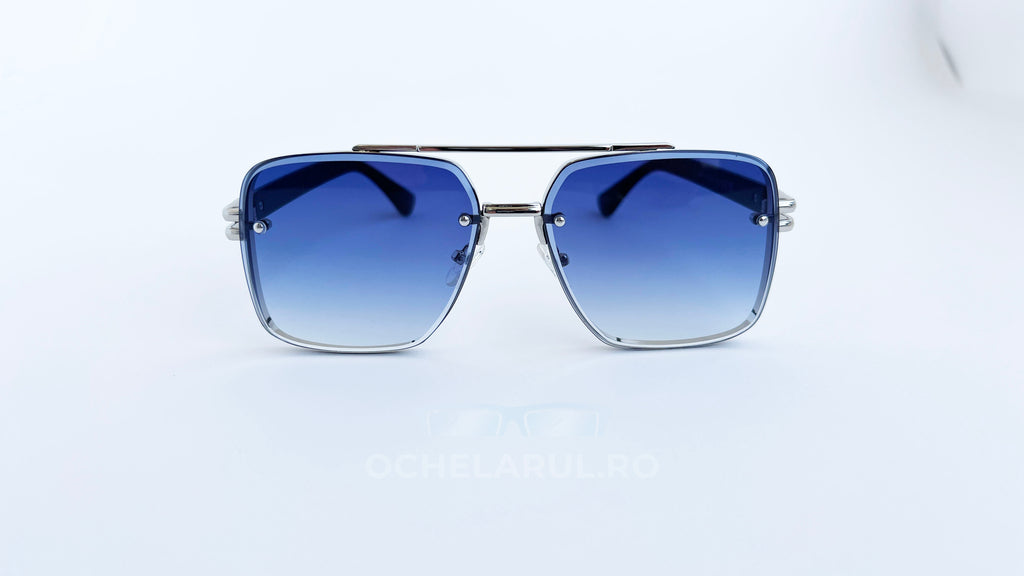 Ochelari de soare Dita Mach Six Style  brate late - Rama argintie neagra, Lentile albastre degrade - vedere fata aproape