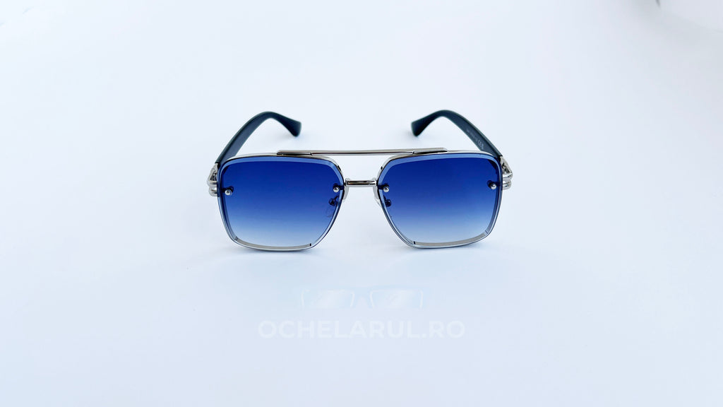Ochelari de soare Dita Mach Six Style  brate late - Rama argintie neagra, Lentile albastre degrade - vedere fata