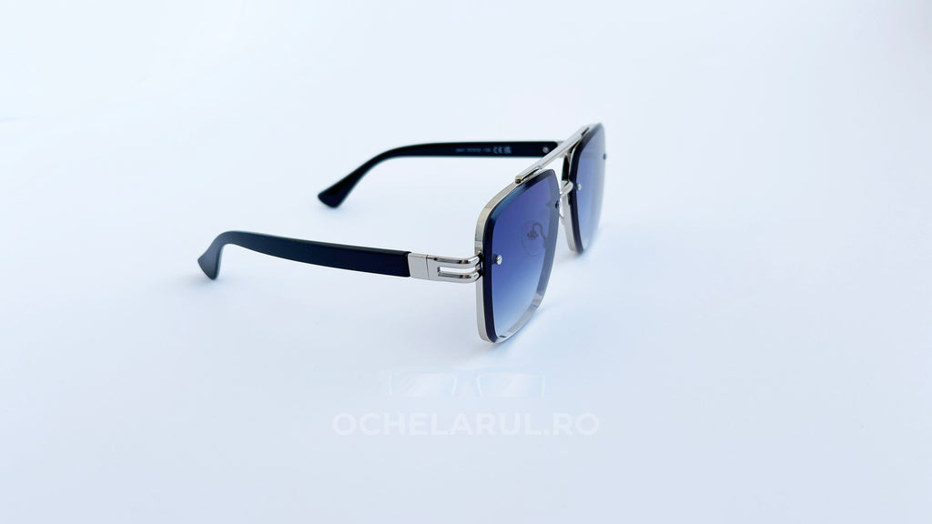 Ochelari de soare Dita Mach Six Style  brate late - Rama argintie neagra, Lentile albastre degrade - vedere laterala