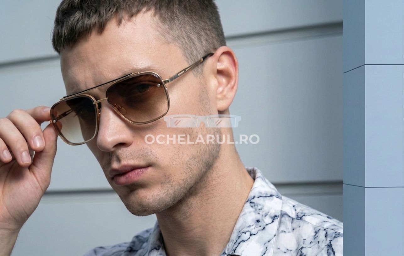 Bărbat purtând ochelari de soare Dita Mach Six Style cu rama aurie și lentile maro degrade, ochelari de soare bărbați de la ochelarul.ro.