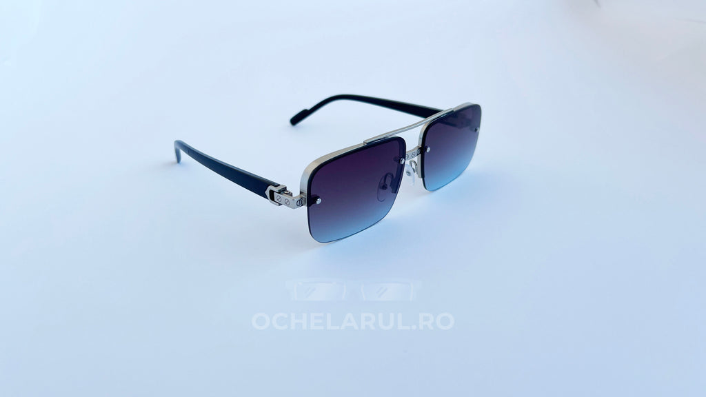 Ochelari de soare Dreptunghiulari cu ramă argintie și lentile degrade violet, design modern pentru bărbați.