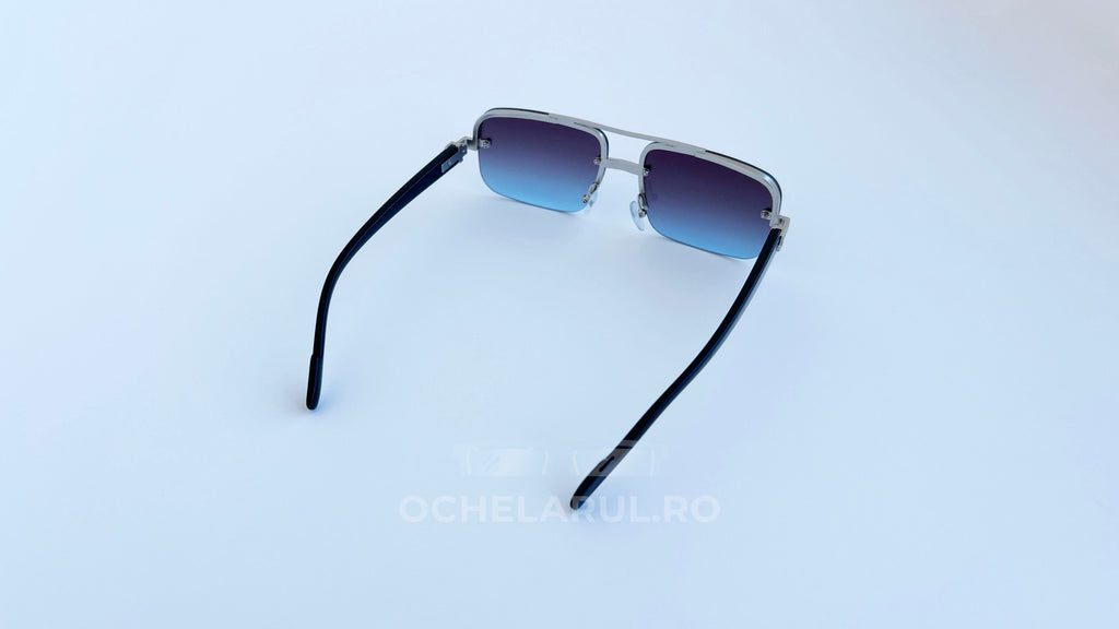 Ochelari de soare Dreptunghiulari cu rame argintii și lentile violet degrade, stil modern pentru bărbați.
