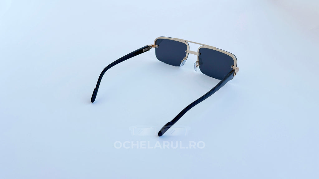 Ochelari de soare Dreptunghiulari cu rame aurii și lentile negre, design modern pentru bărbați.