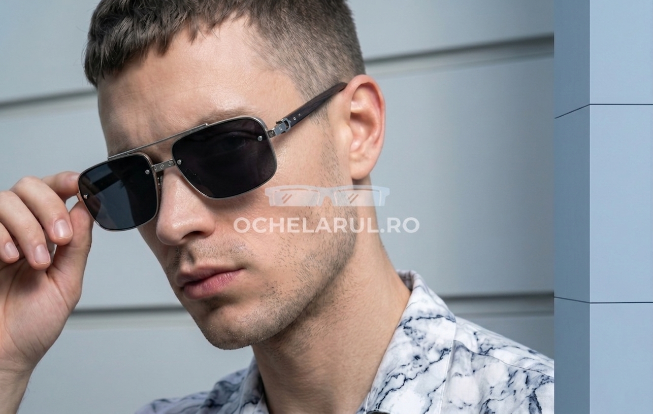 Bărbat purtând Ochelari de soare Dreptunghiulari cu rame negre și lentile întunecate, model modern și elegant.