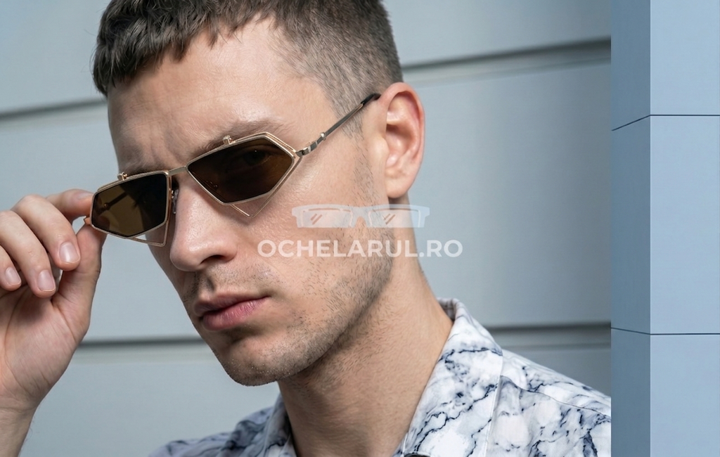Ochelari de soare Flip Up Rectangulari - Rama aurie - Lentile maro - Model purtand ochelarii pe fata