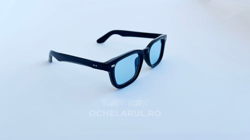 Ochelari de soare Moscot Klutz Style cu rame negre și lentile albastre, stil clasic pentru bărbați - Prezentare produs
