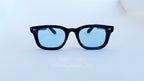 Ochelari de soare Moscot Klutz Style cu rame negre și lentile albastre, stil clasic pentru bărbați.