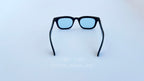 Ochelari de soare Moscot Klutz Style cu rame negre și lentile albastre pentru bărbați, stil modern și elegant.