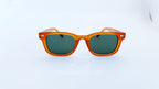 Ochelari de soare Moscot Klutz, rama portocalie si lentile verzi, vedere fata aproape