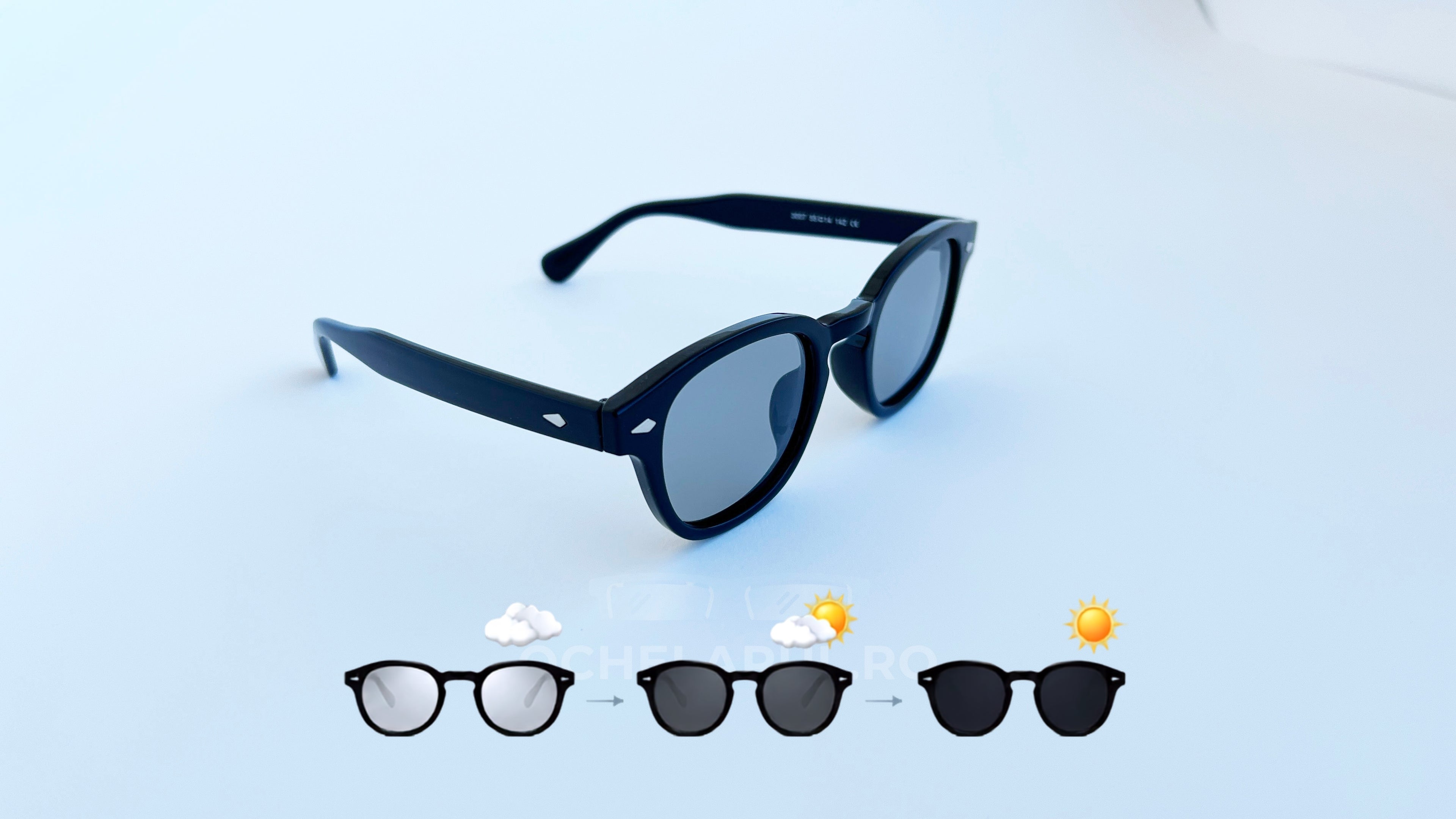 Ochelari Moscot Lemtosh Style - Polarizați Fotocromatici cu rame negre și lentile gri pentru protecție solară optimă.