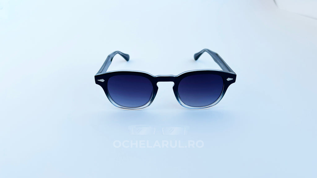 Ochelari de soare Moscot Lemtosh Style cu rame negre și lentile violet degrade pentru bărbați.