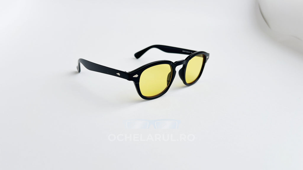 Ochelari de soare Moscot Lemtosh Style cu rame negre și lentile galbene pentru bărbați, model clasic.
