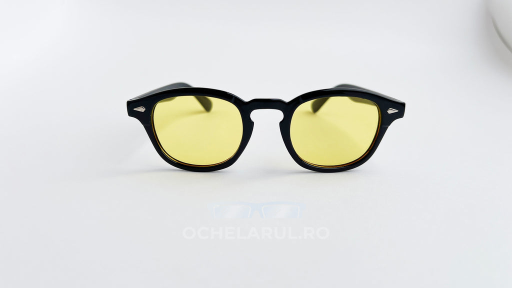 Ochelari de soare Moscot Lemtosh Style cu ramă neagră și lentile galbene pentru bărbați, stil modern.