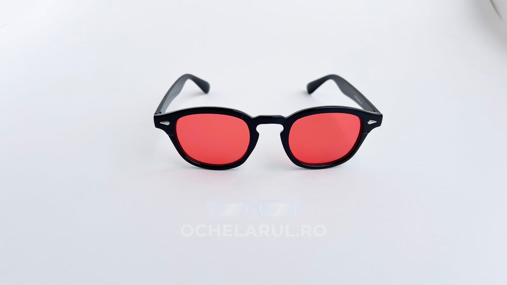 Ochelari de soare Moscot Lemtosh Style cu rame negre și lentile roșii, model pentru bărbați de la ochelarul.ro