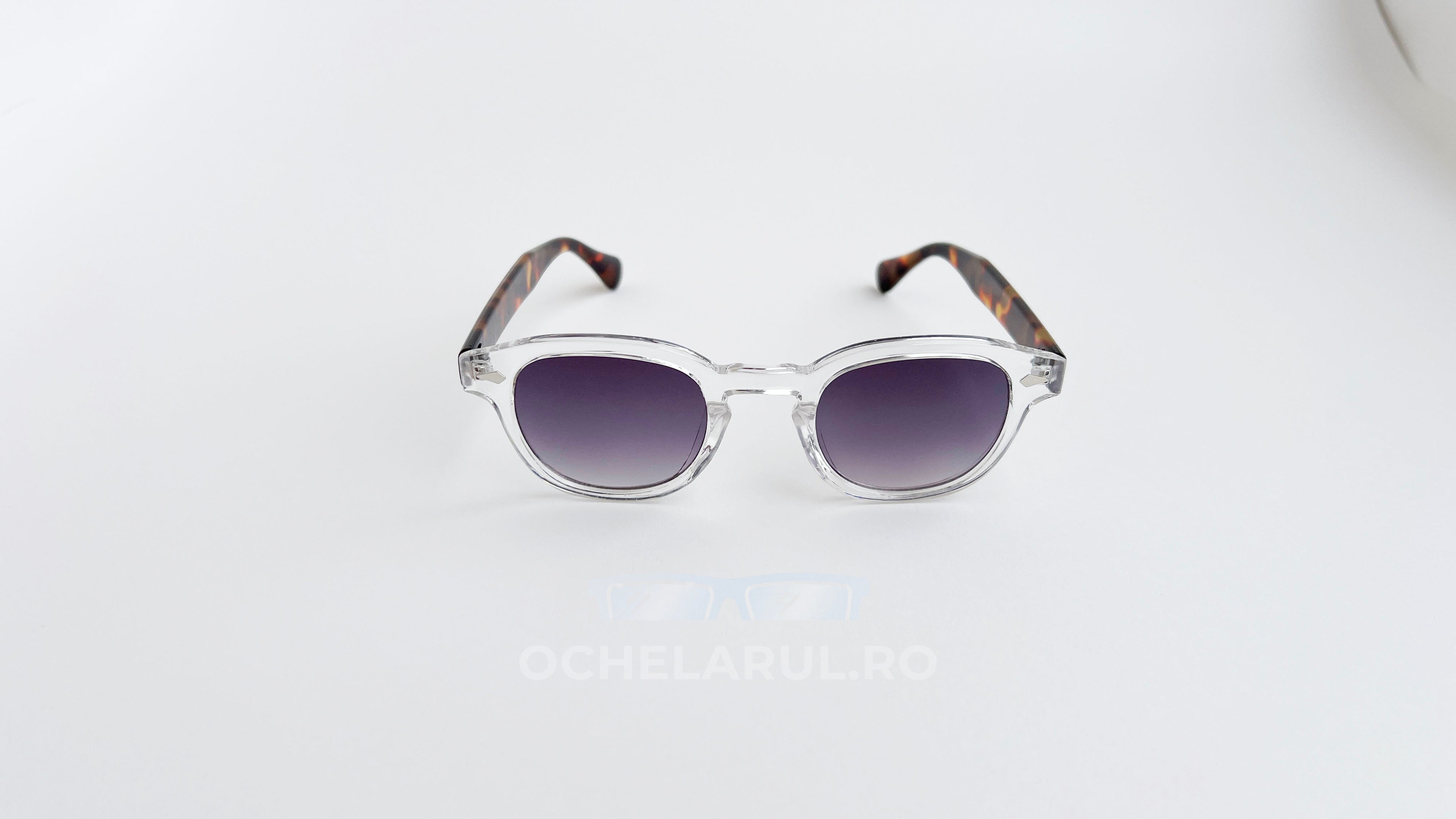 Ochelari de soare Moscot Lemtosh Style cu ramă transparentă și brațe Havana, lentile gri degrade pentru bărbați.