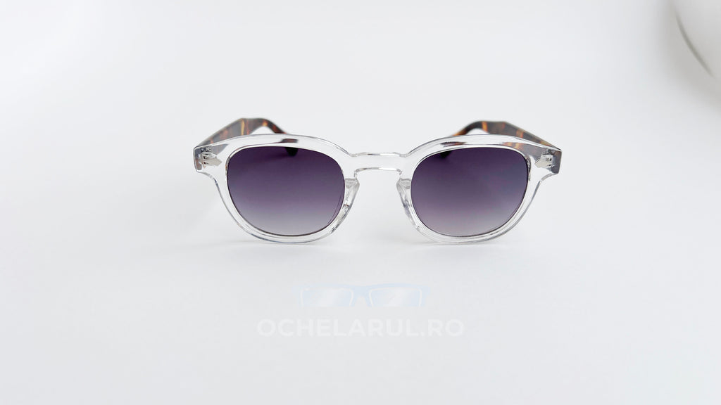 Ochelari de soare Moscot Lemtosh Style cu ramă transparentă și brațe în nuanță Havana, lentile gri degrade.