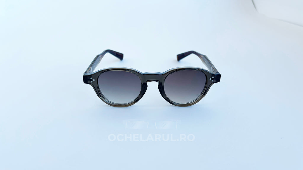 Ochelari de soare Moscot Style cu rame rotunde transparente și lentile degrade gri, ochelari de soare bărbați moderni.