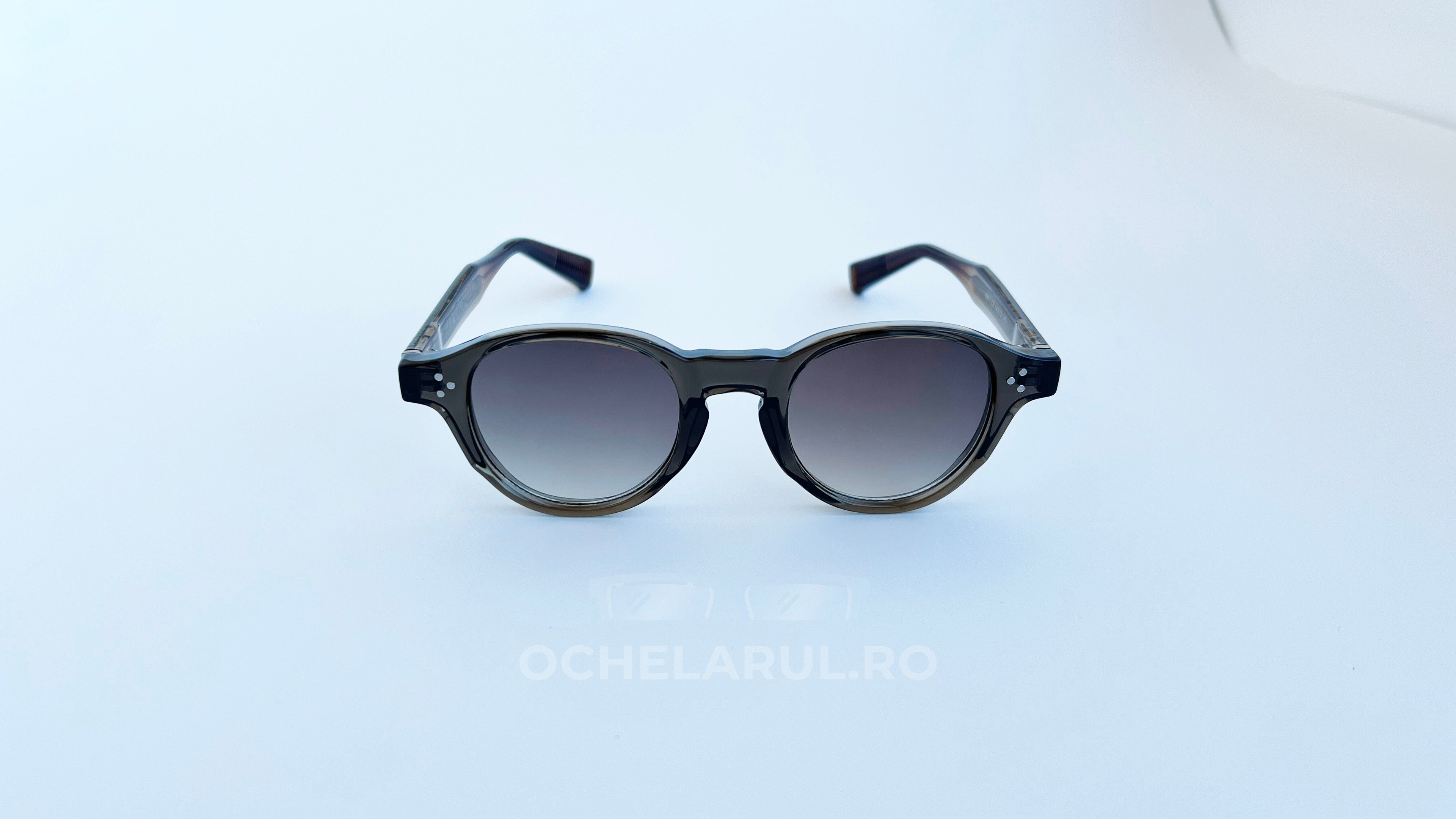 Ochelari de soare Moscot Style cu rame rotunde transparente și lentile degrade gri, ochelari de soare bărbați moderni.