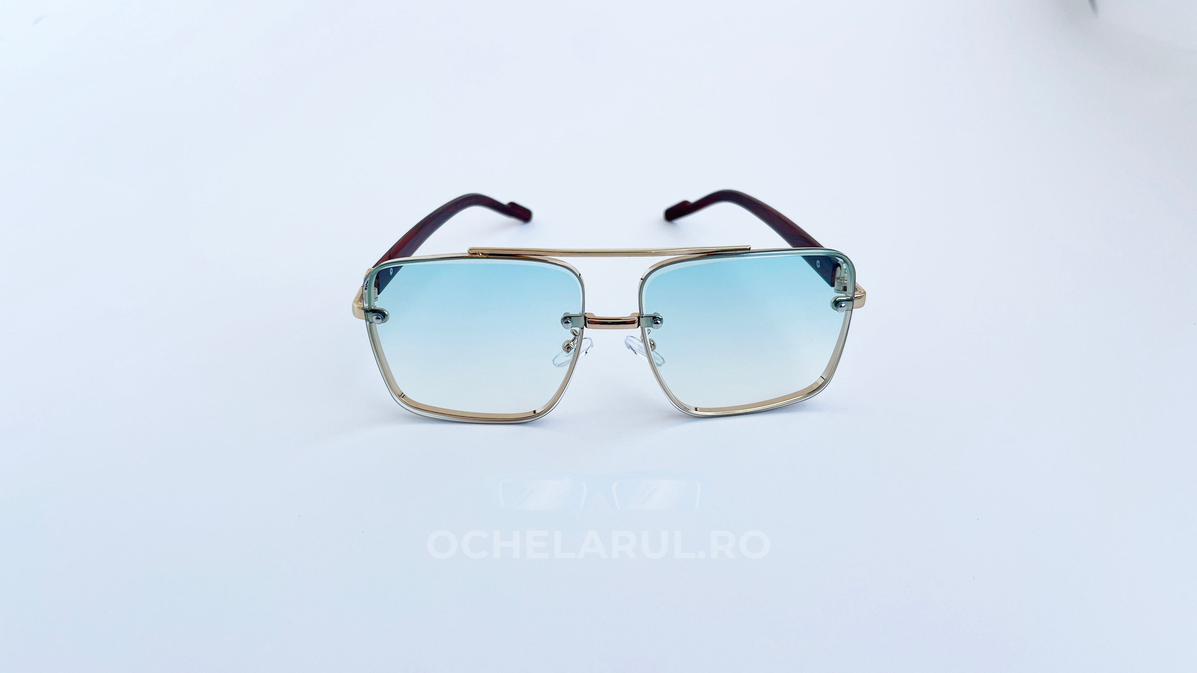 Ochelari de soare Patrati Design Vintage cu ramă aurie și lentile albastre degrade, stil elegant pentru bărbați.