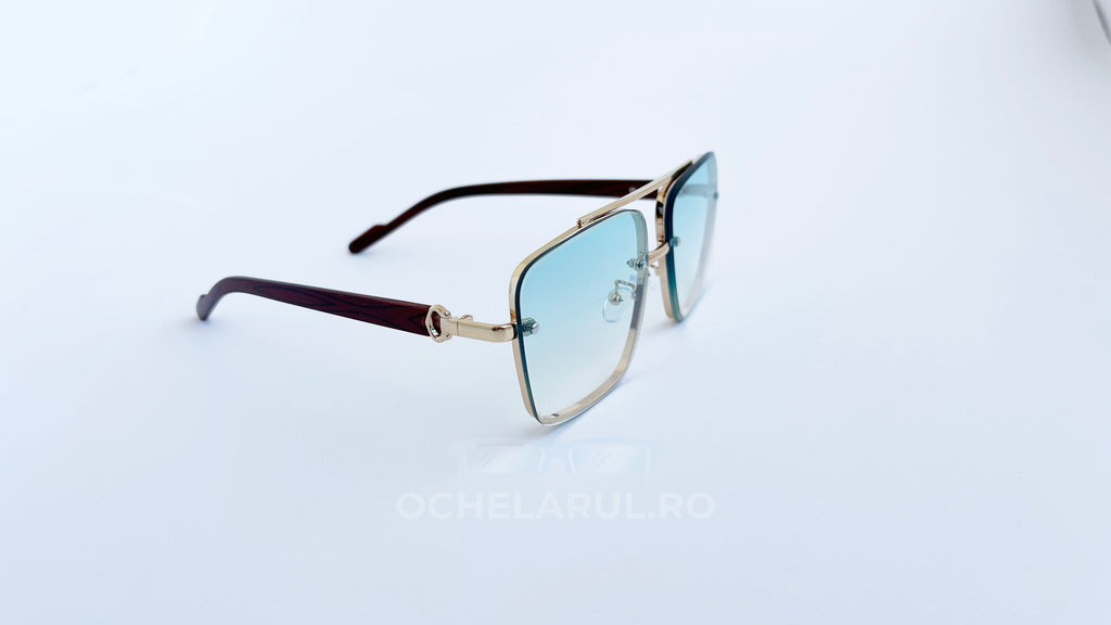 Ochelari de soare Patrati Design Vintage cu rame aurii și maro, lentile albastre degrade, stil retro bărbați