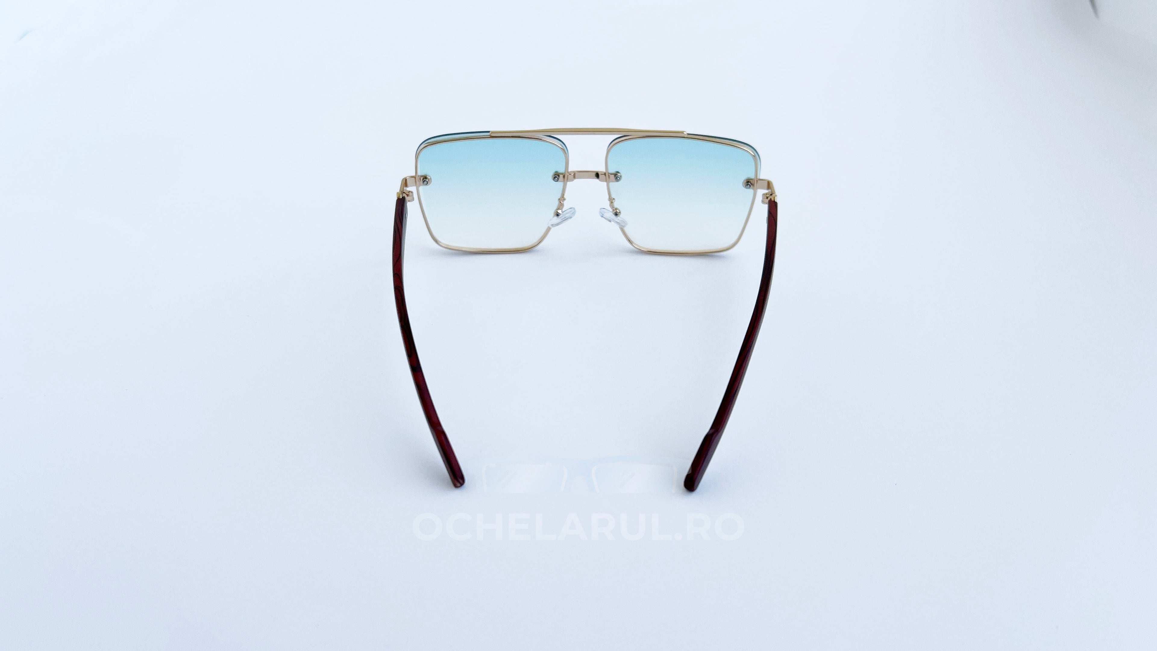Ochelari de soare Patrati Design Vintage cu rame aurii și maro, lentile albastre degrade, stil elegant pentru bărbați