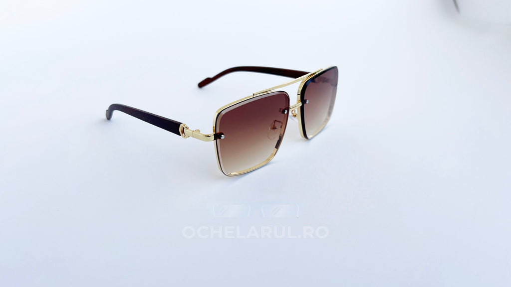 Ochelari Patrati Design Vintage cu rame aurii și lentile maro degrade, stil ochelari de soare bărbați eleganți.