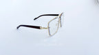 Ochelari Patrati Design Vintage cu rame aurii și brațe maro, lentile transparente pentru un look clasic și elegant.