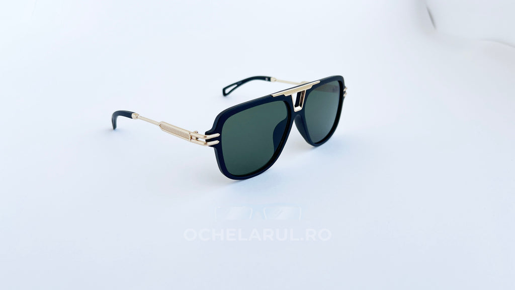 Ochelari de soare Pilot Style cu rame negre și aurii, lentile verzi, design elegant pentru bărbați, combinație modernă de stil și protecție UV.