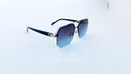 Ochelari de soare rectangulari semi-rim, rama argintie si lentile violet degrade, prezentare