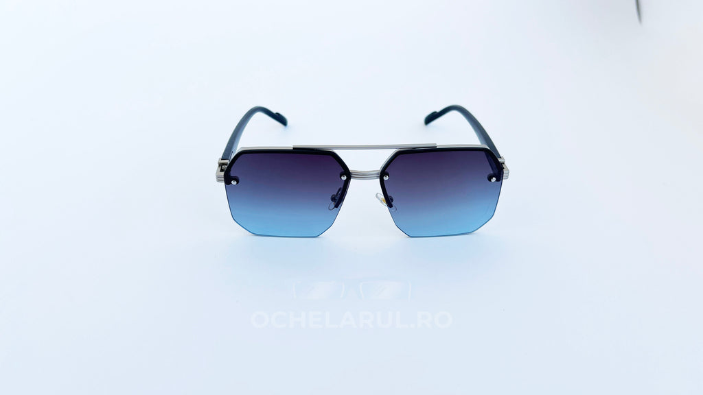 Ochelari de soare rectangulari semi-rim, rama argintie si lentile violet degrade, vedere fata