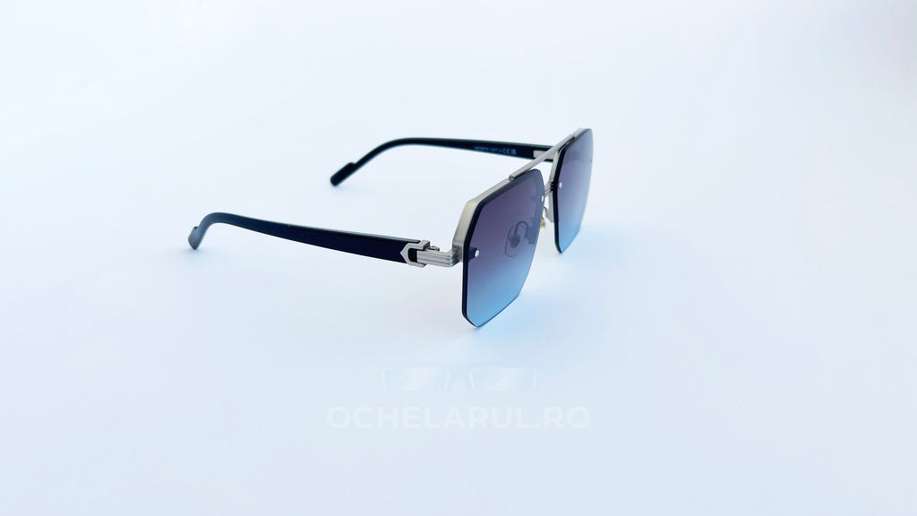 Ochelari de soare rectangulari semi-rim, rama argintie si lentile violet degrade, vedere laterala