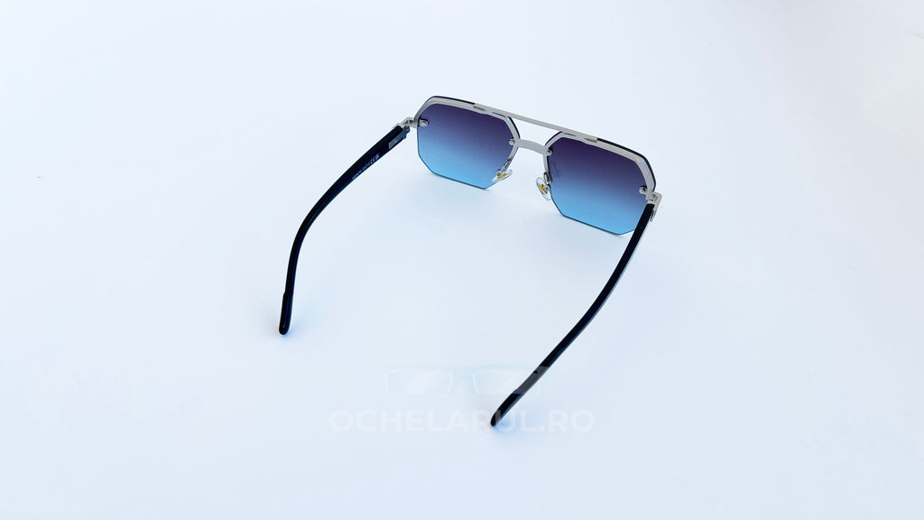 Ochelari de soare rectangulari semi-rim, rama argintie si lentile violet degrade, vedere spate