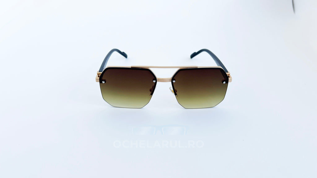 Ochelari de soare rectangulari semi-rim, rama aurie si lentile verzi degrade, vedere fata